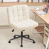 Criss Cross Legged Chair, Faux Fur Upholstered Office Chair with Wheels, Adjustable Armless Desk Chair with Wide Thicken Seat, Computer Chairs for Living Room, Study Room, Home Office, IvoryWhite - Image 9
