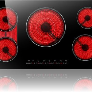 36 Inch Electric Cooktop 5 Burner, Built-in Electric Stovetop with Flexible Bridge & Triple Ring Burner, 9600W Cooktop Electrics with BBQ Burner, Timer, Safety Lock,Pause, 220V-240V Hard Wire