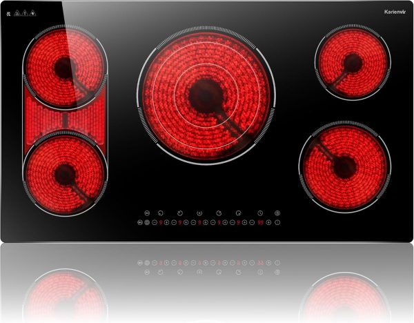 36 Inch Electric Cooktop 5 Burner, Built-in Electric Stovetop with Flexible Bridge & Triple Ring Burner, 9600W Cooktop Electrics with BBQ Burner, Timer, Safety Lock,Pause, 220V-240V Hard Wire