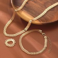 3PCS Flat Snake Chain Jewelry Set, Women's Wheat Motif Necklace, Bracelet, and Ring Set, Trendy Gold Tone Stackable Fashion Accessories, Jewelry Set (Gold) - Image 5