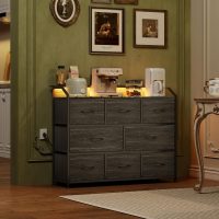 WLIVE Led Dresser for Bedroom, TV Stand for Bedroom with LED Lights and Power Outlet, Wide Chest of Drawers for Hallway, 8 Fabric Drawers for Living Room and Entryway, Charcoal Black Wood Grain Print - Image 2