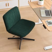 Criss Cross Legged Office Chair no Wheels Upholstered Wide Seat Armless Desk Chair Height Adjustable Swivel Computer Chair for Home Office, Bedroom, Makeup, Dark Green - Image 7