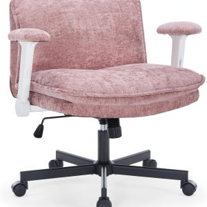 Cross Legged Office Chair with Wheels and Adjustable Flip-Arms, Criss Cross Desk Chair with Thick Cushion, Wide Seat Chair for Home Office, Apartment, Bedroom, Pink