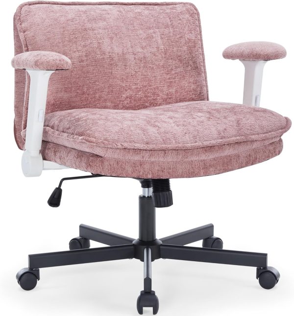Cross Legged Office Chair with Wheels and Adjustable Flip-Arms, Criss Cross Desk Chair with Thick Cushion, Wide Seat Chair for Home Office, Apartment, Bedroom, Pink