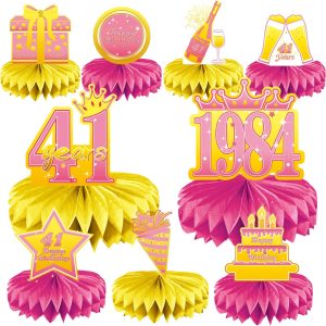 41st Birthday Decorations Set, 1984 Table Toppers for Women Birthday Party Supplies, Happy 41 Year Old Table Decoration for Her, 9Pcs Pink & Gold Honeycomb Centerpieces