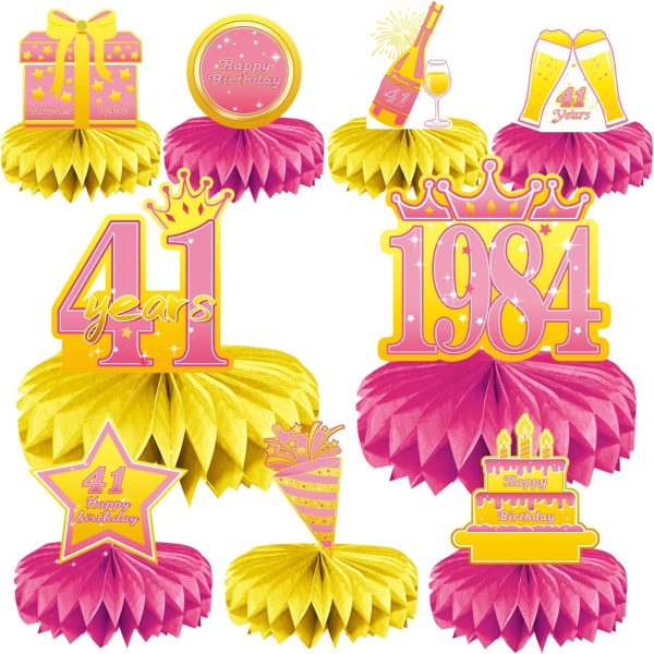 41st Birthday Decorations Set, 1984 Table Toppers for Women Birthday Party Supplies, Happy 41 Year Old Table Decoration for Her, 9Pcs Pink & Gold Honeycomb Centerpieces