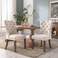 KCC Velvet Dining Chairs Set of 4, Upholstered High-end Tufted Dining Room Chair with Nailhead Back Ring Pull Trim Solid Wood Legs, Nikki Collection Modern Style for Kitchen, Beige - Image 2