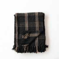 Plaid Black & Tan Fringed Woven Cotton Blend Throw - Image 3