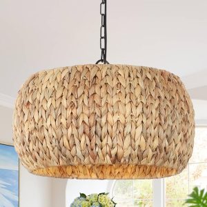 Farmhouse Boho Chandelier, 5-Light with Water Hyacinth Lampshade, for Dining Room, Kitchen Island, Bedroom, Living Room