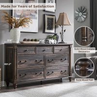 T4TREAM Farmhouse 7 Drawers Dresser Chests for Bedroom w/4 Solid Wood Feet & Column Design, Tall Wide Wooden Rustic Chest of Drawers, Storage Dressers for Bedroom, Living Room, Dark Rustic Oak - Image 3