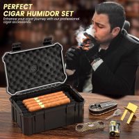 Travel Cigar Humidor Set with Torch Cigar Lighter, V Cigar Cutter, Cigar Ashtray, Cigar Holder, Humidifier & Hygrometer, Portable Travel Cigar Case with Cigar Accessories Kit, Cigar Gifts for Men - Image 3