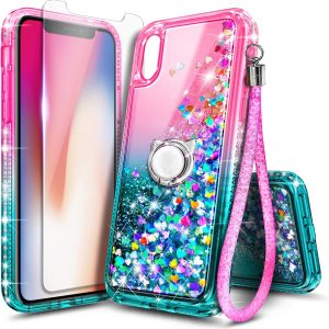 NGB Designed for iPhone XR Phone Case, Pink/Aqua | Glitter Liquid Sparkle Cute Cover for Women Girls Kids | with Tempered Glass Screen Protector & Ring Holder & Wrist Strap Lanyard