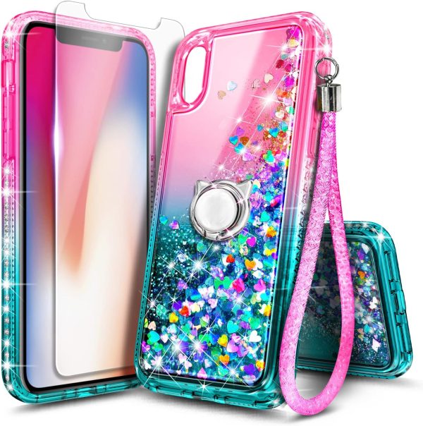 NGB Designed for iPhone XR Phone Case, Pink/Aqua | Glitter Liquid Sparkle Cute Cover for Women Girls Kids | with Tempered Glass Screen Protector & Ring Holder & Wrist Strap Lanyard