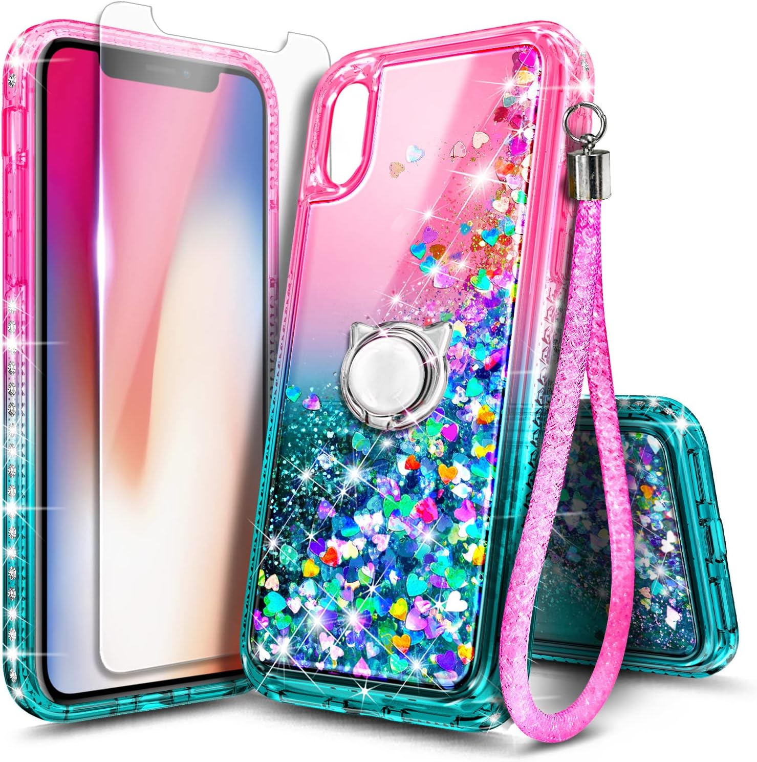 NGB Designed for iPhone XR Phone Case, Pink/Aqua | Glitter Liquid Sparkle Cute Cover for Women Girls Kids | with Tempered Glass Screen Protector & Ring Holder & Wrist Strap Lanyard