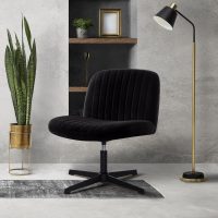 Criss Cross Chair, Velvet Cross Legged Office Chair no Wheels, Armless Wide Seat Desk Chair with Adjustable Height for Home, Vanity, Bedroom (Black) - Image 8