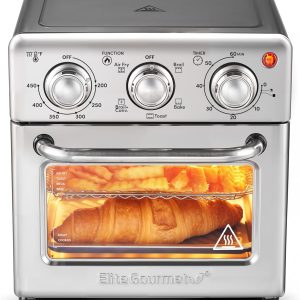 Elite Gourmet EAF0852SS 8.5Qt. Capacity Air Fryer Oven, Air Fry, Broil, Toast, Bake & Broil with Convection, Time and Temperature Controls, 800-Watts, Includes 25 Delicious Recipes, Stainless Steel