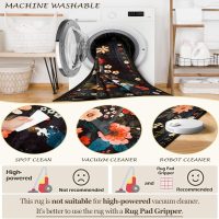 Floral 5x7 Area Rug Machine Washable Soft Print Boho Carpet Non Slip Doormat Low Pile Flower Area Rugs for Living Room Bedroom Nursery Kitchen Dining Room Indoor-Black - Image 5