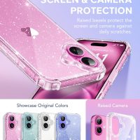 BERFY Compatible with iPhone 16 Case Glitter, [3 in 1] with Screen Protector + Camera Lens Protector, [Non-Yellowing] Clear Sparkle Slim Shockproof Hard Phone Cover for Women 6.1", Shiny Clear - Image 2