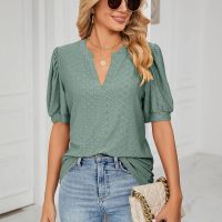 Women’s Casual V Neck Eyelet Blouse Puff Sleeve Loose Fit Summer Tshirt Top Business Wear - Image 3