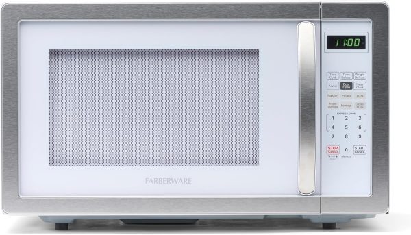 Farberware Countertop Microwave 1000 Watts, 1.1 cu ft - Microwave Oven With LED Lighting and Child Lock - Perfect for Apartments and Dorms - Easy Clean White, Platinum