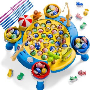 ORANGE OCEAN 70 PCS Magnetic Fishing Table Game for Kids Boys Toddlers Ages 3-5 4-6, Magnetic Fishing Toys with 360° Rotation & Sound, Birthday Toys Gifts for 3 4 5 6 Year Old Boys Kids, 1-8 Players