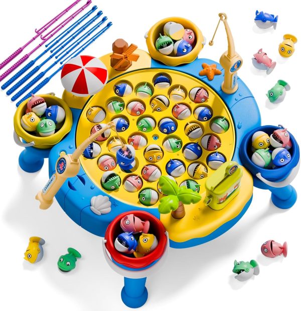 ORANGE OCEAN 70 PCS Magnetic Fishing Table Game for Kids Boys Toddlers Ages 3-5 4-6, Magnetic Fishing Toys with 360° Rotation & Sound, Birthday Toys Gifts for 3 4 5 6 Year Old Boys Kids, 1-8 Players