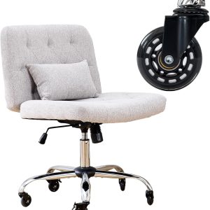 Criss Cross Chair with Rubber Wheels, Armless Office Desk Chair with Lumbar Pillow, Wide Comfy Vanity Rolling Swivel Modern Comfortable Fabric Computer Task Chairs for Home Office (Grey)