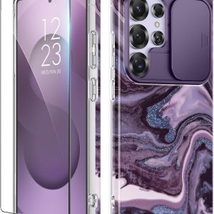 GVIEWIN for Samsung Galaxy S25 Ultra Case with Slide Camera Cover, [Screen Protector] [Shockproof Military Grade Drop Protection] Marble Slim Fit Hard PC Phone Cover S25 Ultra 6.9" 2025 (Quicksand)