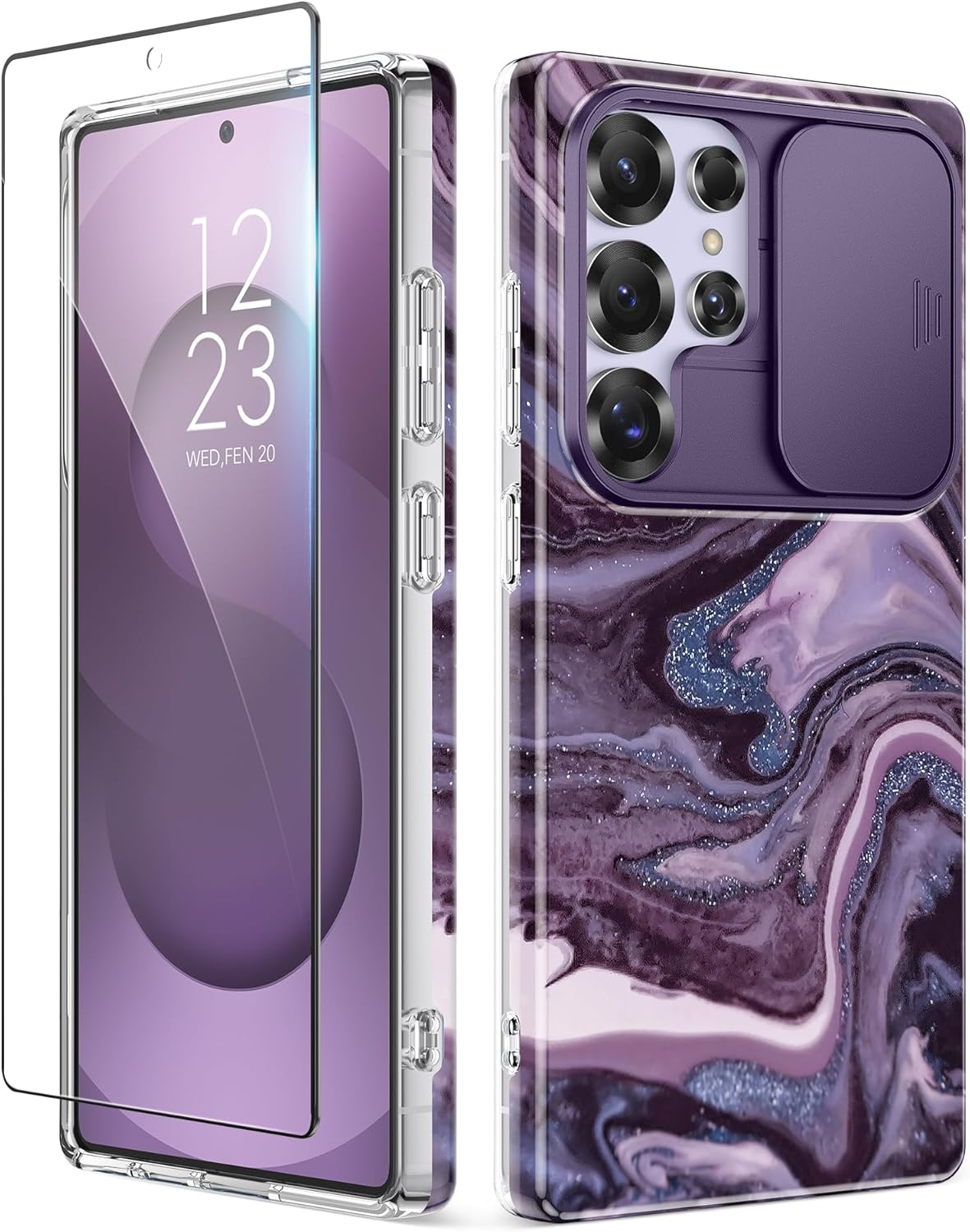 GVIEWIN for Samsung Galaxy S25 Ultra Case with Slide Camera Cover, [Screen Protector] [Shockproof Military Grade Drop Protection] Marble Slim Fit Hard PC Phone Cover S25 Ultra 6.9″ 2025 (Quicksand)
