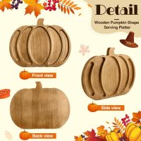 Sliner Fall Harvest Large Pumpkin Wooden Serving Platter 15x12 in Rustic Pumpkin Snack Fruit Meat Cheese Board Charcuterie Board Sectional Dish Plate for Thanksgiving(Walnut Color,Pine) - Image 3