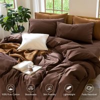 MooMee Bedding Duvet Cover Set 100% Washed Cotton Linen Like Textured Breathable Durable Soft Comfy (Solid Cocoa Brown, King 104"x90") - Image 4