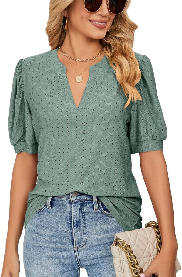 Women’s Casual V Neck Eyelet Blouse Puff Sleeve Loose Fit Summer Tshirt Top Business Wear