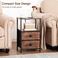 Night Stand Set 2, Nightstand with Charging Station, End Tables with Storage Shelf for Small Spaces, Bedside Table Side Tables with 2 Fabric Drawers for Bedroom, Rustic Brown, HETS020PBR - Image 7