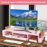 Desk Dual Monitor Stand Riser - Wood Desk Organizer with Drawer and Pen Holders, Office Desk Accessories & Workspace Organization, Computer Monitor Stand for Laptop Printer, Girl Pink - Image 5