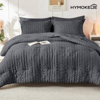HYMOKEGE Queen Comforter Set Seersucker 7 Pieces, All Season Luxury Bed in a Bag for Bedroom, Bedding Set with Comforters, Sheets, Pillowcases & Shams, Dark Grey - Image 9