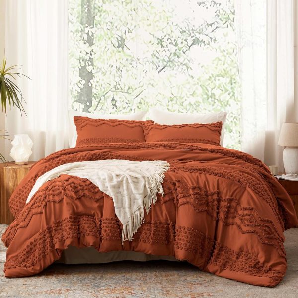 Luxudecor Terracotta Boho Tufted Comforter Set King Size 3 Pieces Boho Shabby Chic Comforter Farmhouse Embroidery Bedding Set Soft Comforter for All Seasons (Terracotta, 104''x90'')