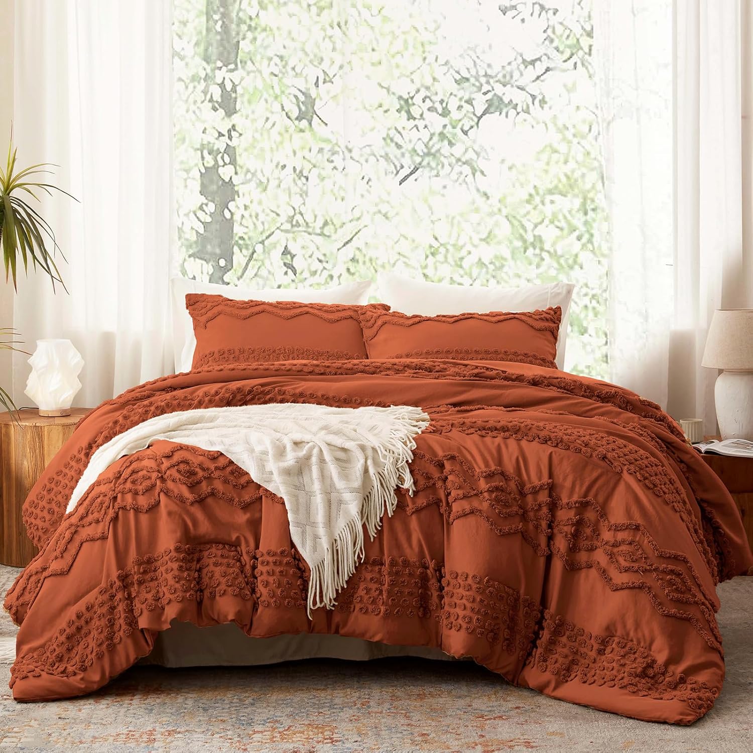 Luxudecor Terracotta Boho Tufted Comforter Set King Size 3 Pieces Boho Shabby Chic Comforter Farmhouse Embroidery Bedding Set Soft Comforter for All Seasons (Terracotta, 104”x90”)