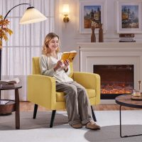 Yaheetech Mid-Century Accent Chairs, Modern Upholstered Living Room Chair, Cozy Armchair Button Tufted Back and Wood Legs for Bedroom/Office/Cafe, Yellow - Image 2