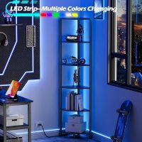 Furnulem 6 Tier Corner Shelf with LED Light, 67.5” Tall Standing Shelf Organizer, Black Narrow Bookshelf with Storage Rack for Wall Corner, Living Room, Bedroom, Metal Frame, Wood Display Shelf - Image 4