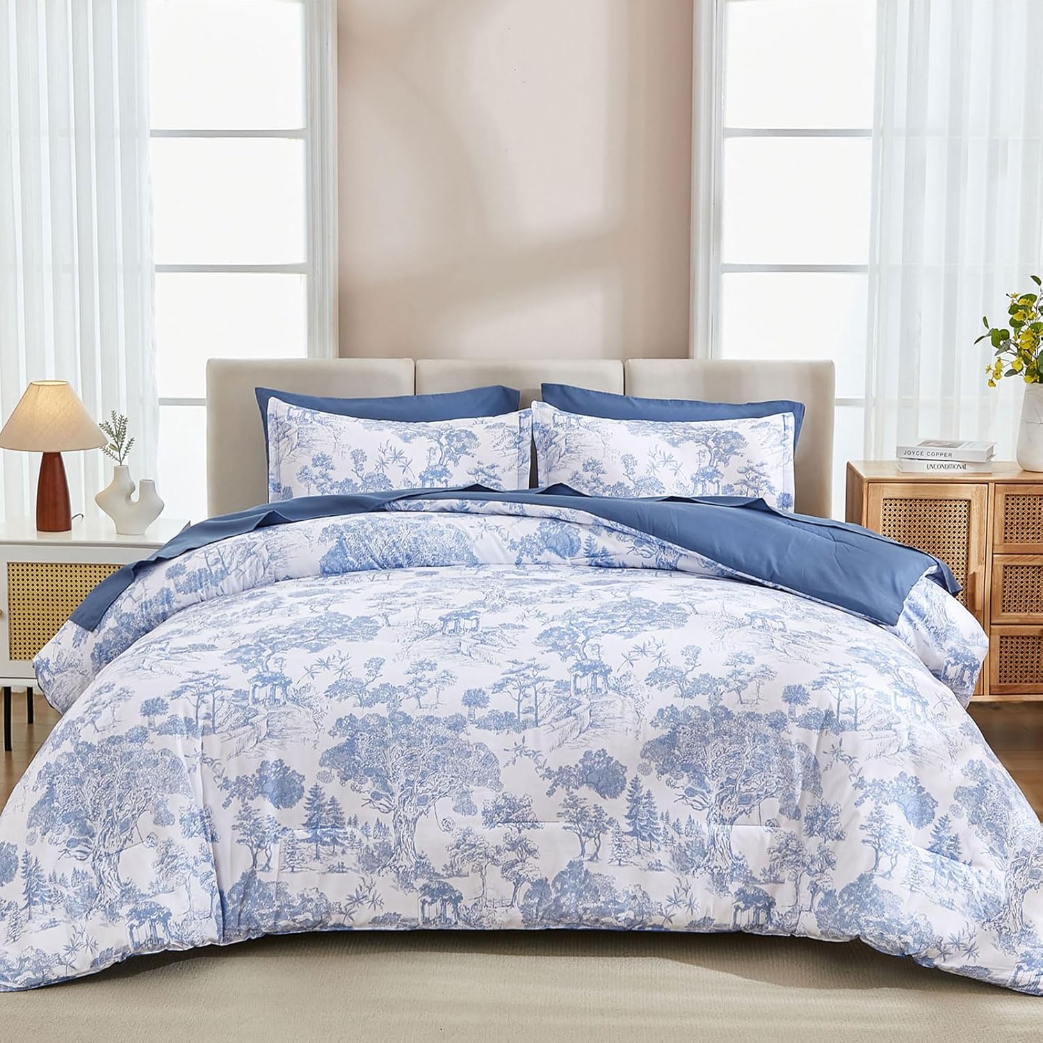 DJY Blue Comforter Set Queen, 7 Pieces Bed in a Bag Queen Size Botanical Comforters with Sheets Elegant Plants Print Soft Microfiber Reversible Complete Bedding Sets for All Season