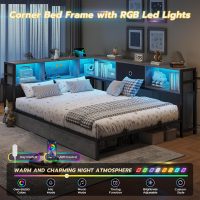 DICTAC Corner Full Bed Frame with Bookcase Storage and Led Lights Full Size Metal Platform Bed Frame with Storage Drawers & Charging Station Full Daybed for Living Room,Bedroom,Guest Room,Oak Gray - Image 4