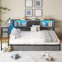 DICTAC Corner Full Bed Frame with Bookcase Storage and Led Lights Full Size Metal Platform Bed Frame with Storage Drawers & Charging Station Full Daybed for Living Room,Bedroom,Guest Room,Oak Gray - Image 2