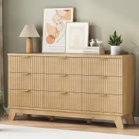 Fluted Dresser for Bedroom with 9 Drawers, 57" Wide Modern Chest of Drawers with Metal Handle, Wooden Dresser TV Stand, Wood Closet Clothes Storage Organizer for Living Room, Hallway, Natural Oak - Image 4