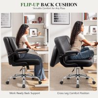 Criss Cross Office Chair with 2-in-1 Flip Backrest – Ergonomic PU Leather Floor Sitting Chair, Adjustable Height, 360° Swivel & Flip-Up Arms, Extra-Wide Seat for Home Office, Vanity, Nail Salon-Black - Image 3