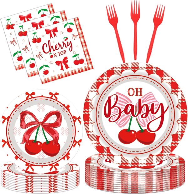 Cherry Baby Shower Decorations - 96 Pcs Red Cherries Bow Disposable Paper Dessert Plates Napkins Forks Tableware Set Summer Fruit Gender Reveal Party Supplies for Girls Serves 24 Guests