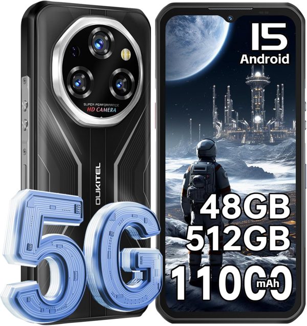 OUKITEL WP55 Pro 5G Rugged Smartphone Unlocked Android 15, 48GB+512GB/TF 2TB CellPhones, 11000mAh(33W) Battery, 6.6" FHD+120HZ Display, 108MP Camera, 5G Dual SIM Phone, NFC/GPS/OTG/IP68/IP69K