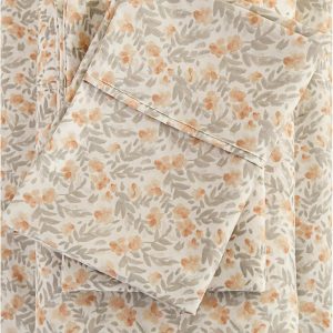 Viviland Floral Full Sheet Set - 4 Piece Vintage Light Orange Flower Patterned Bed Sheets - Soft, Breathable Microfiber Sheets with Deep Pocket, Non-Slip Fitted Sheets & Pillowcases