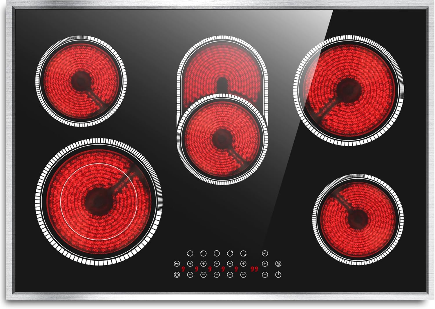 30 Inch Electric Cooktop, 5 Burner Electric Stove Top Touch Control, 8400W Built-in Ceramic Stovetop Burner 30″ with Expandable Zone, Child Lock, Timer, Overheat Alert, 220-240v Hardwired