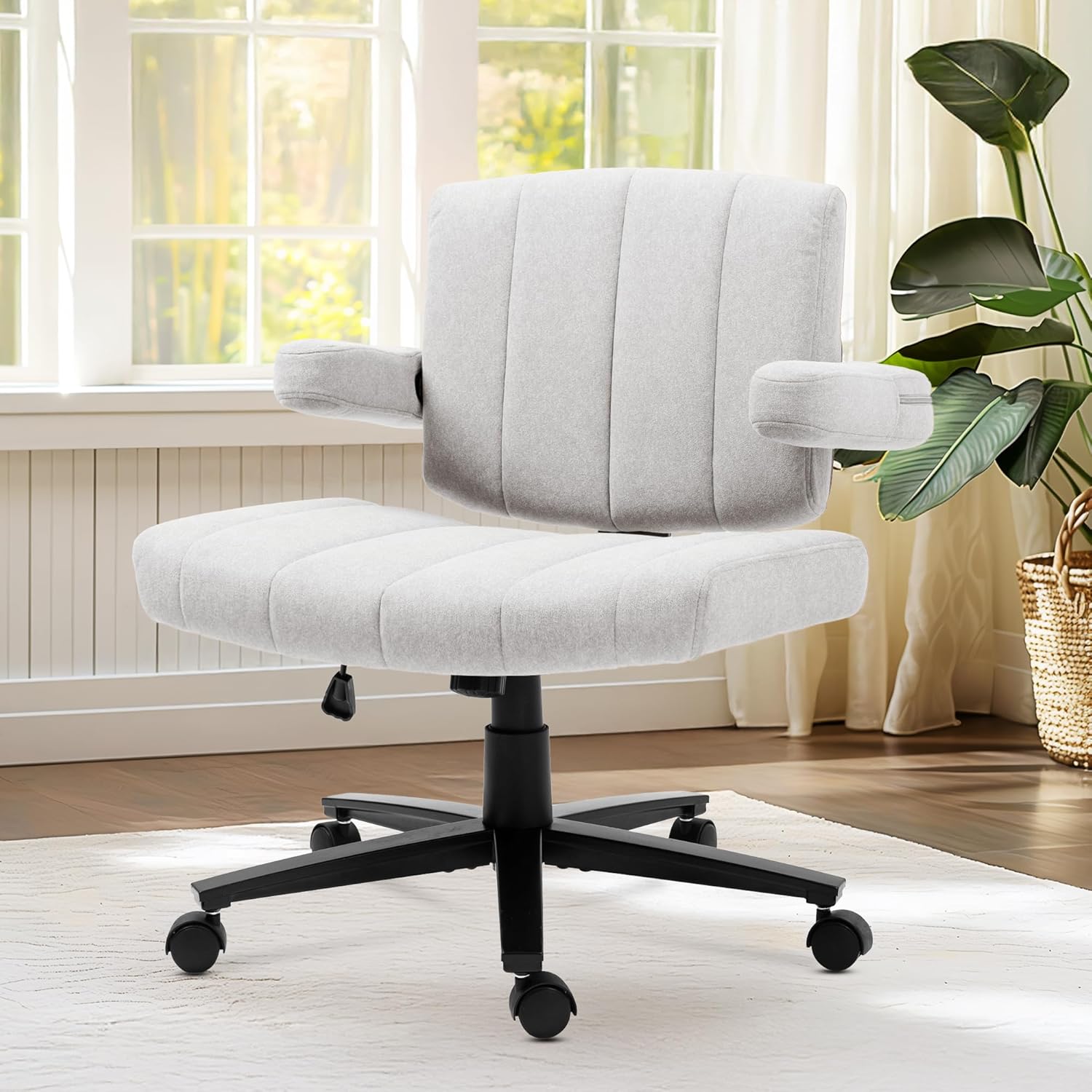 Criss Cross Chair with Wheels – Comfortable Vanity Chair, Wide Rolling Cross Legged Office Chairs with Arms, Adjustable Desk Chairs Comfy for Home Office, Swivel Task (Grey)