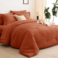 CozyLux Queen Comforter Set Burnt Orange Seersucker 7 Pieces Bed in a Bag Queen Comforter Set with Sheets Terracotta Luxury Bedding Set with Down Alternative Comforter, Sheets, Pillowcases & Shams - Image 9